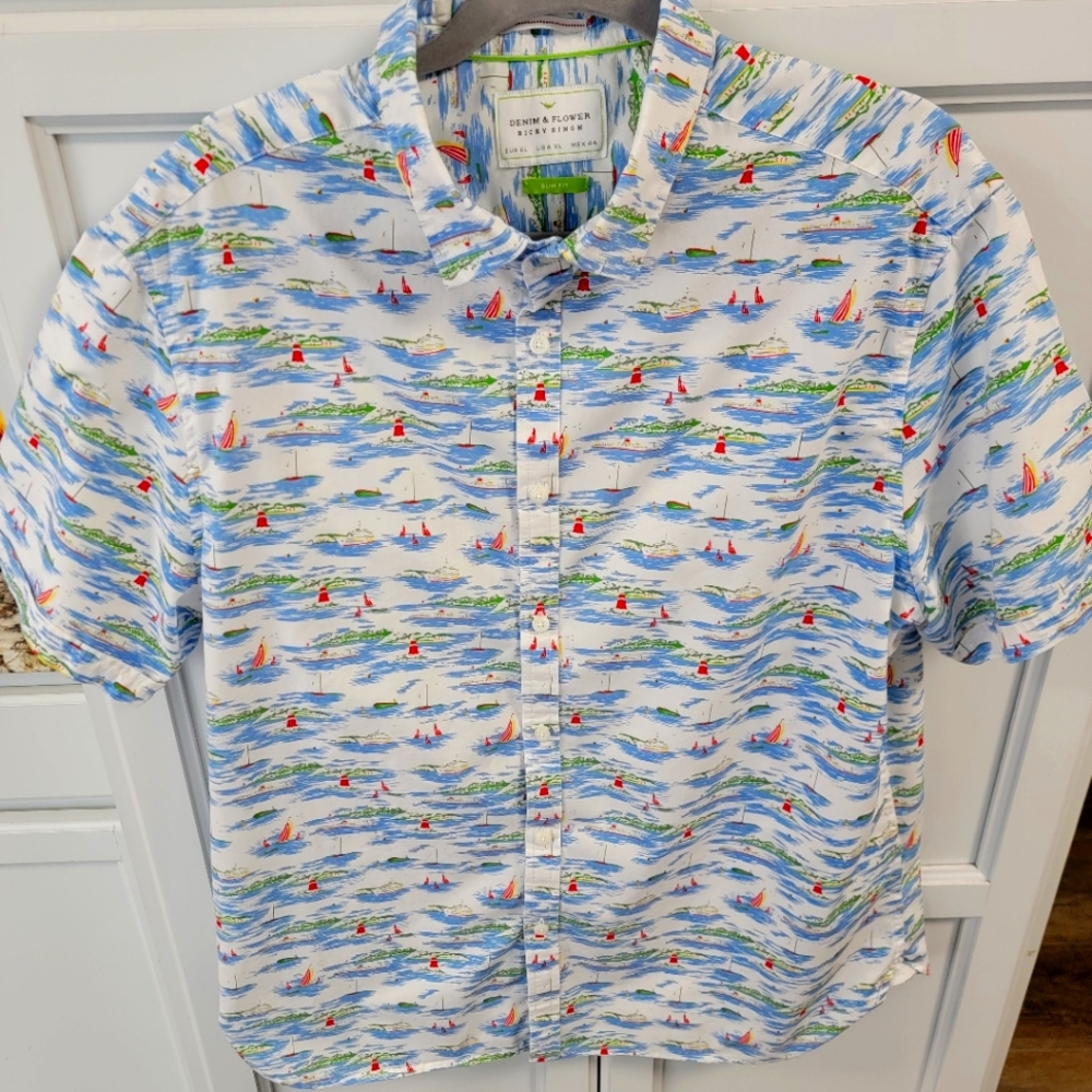 Denim & Flower Ricky Singh Men’s Sz XL Slim Fit Hawaiian Short Sleeve Shirt EUC